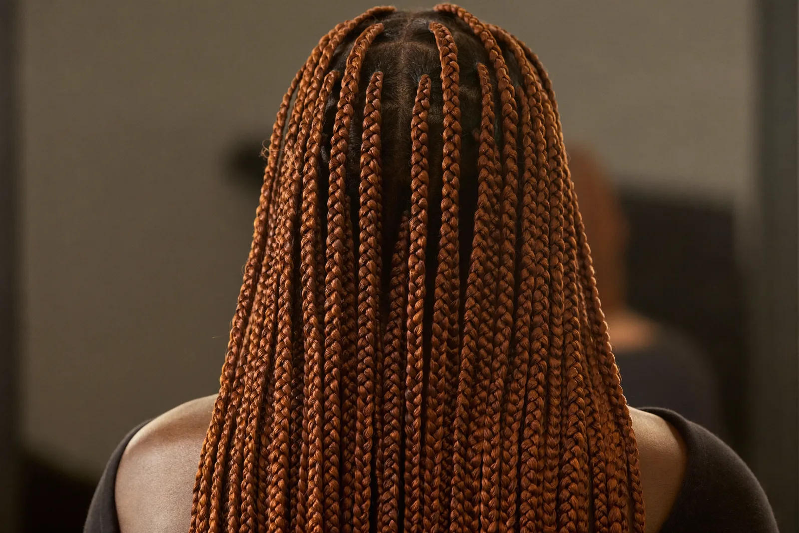 Vue de dos de longues tresses knotless cuivrées aux séparations nettes, dans la lumière du salon